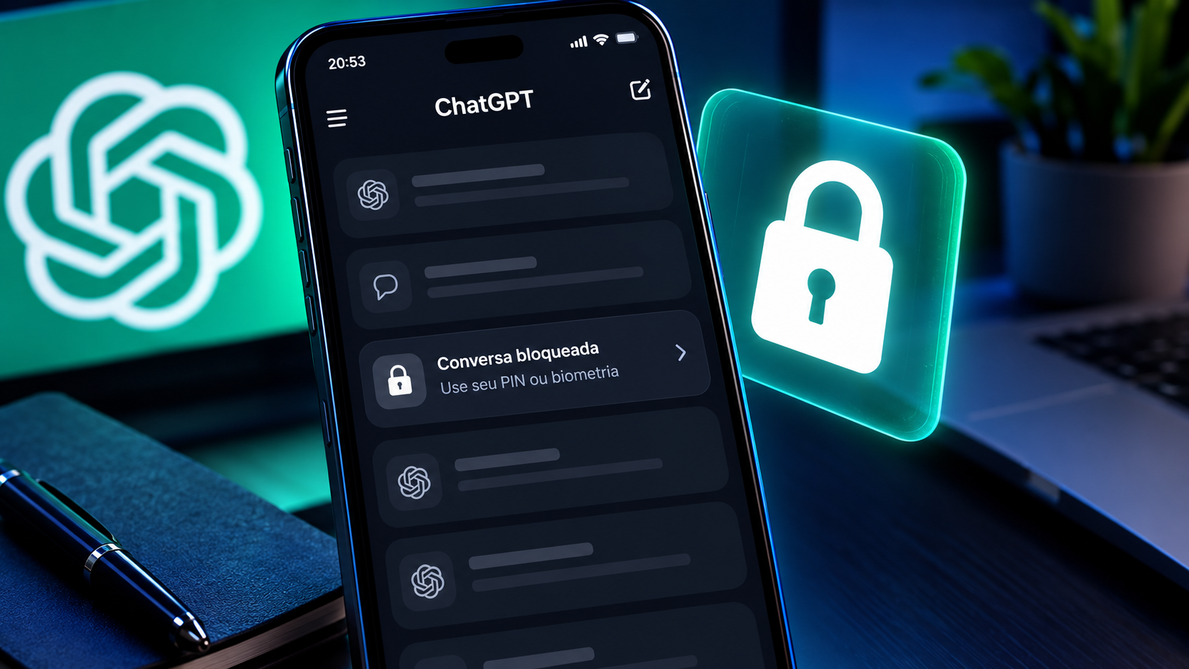 ChatGPT com cadeado representando o bloqueio de conversas e a privacidade digital.
